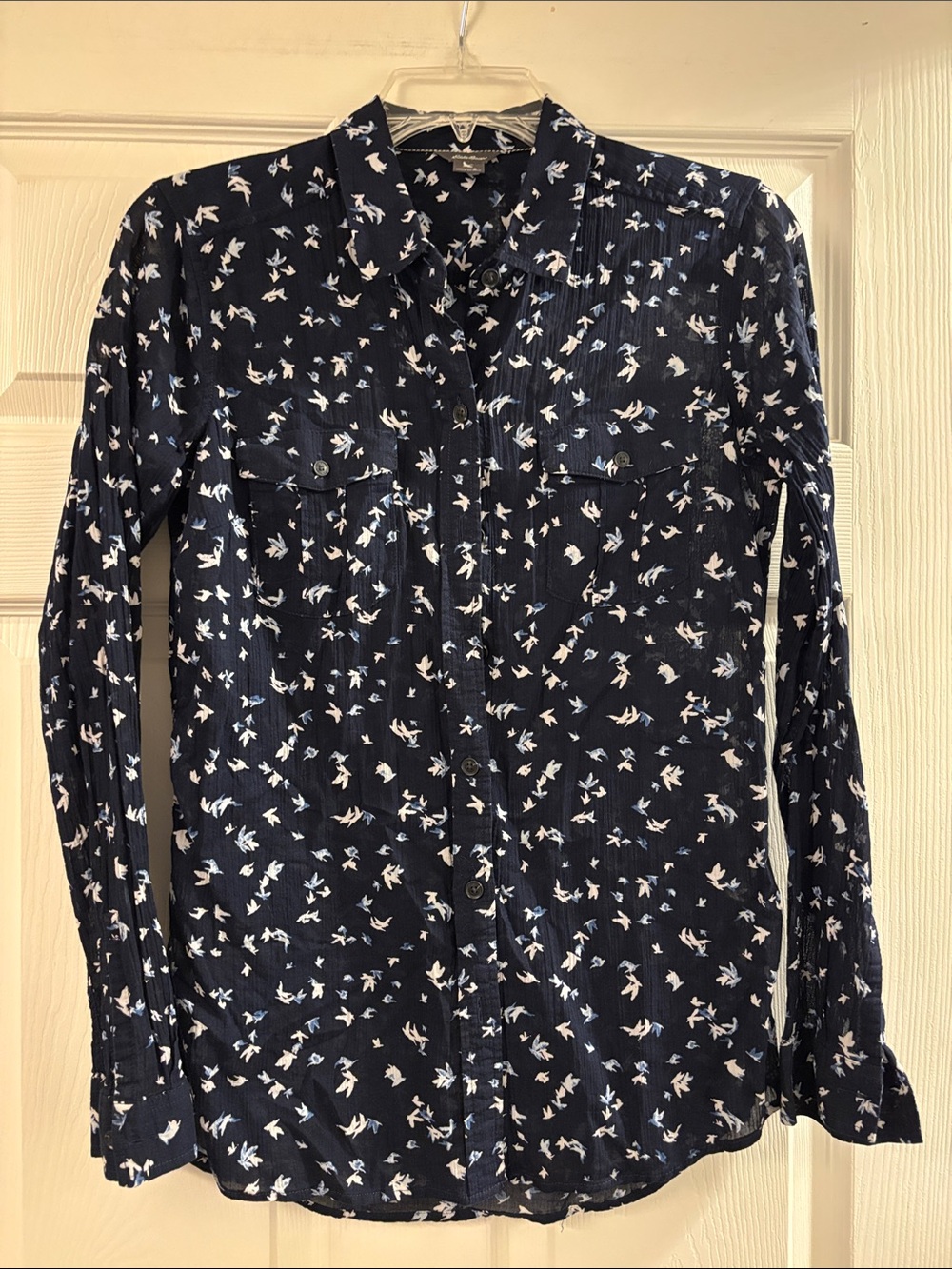 Eddie Bauer Navy Blue Bird-Print Button-Up Blouse